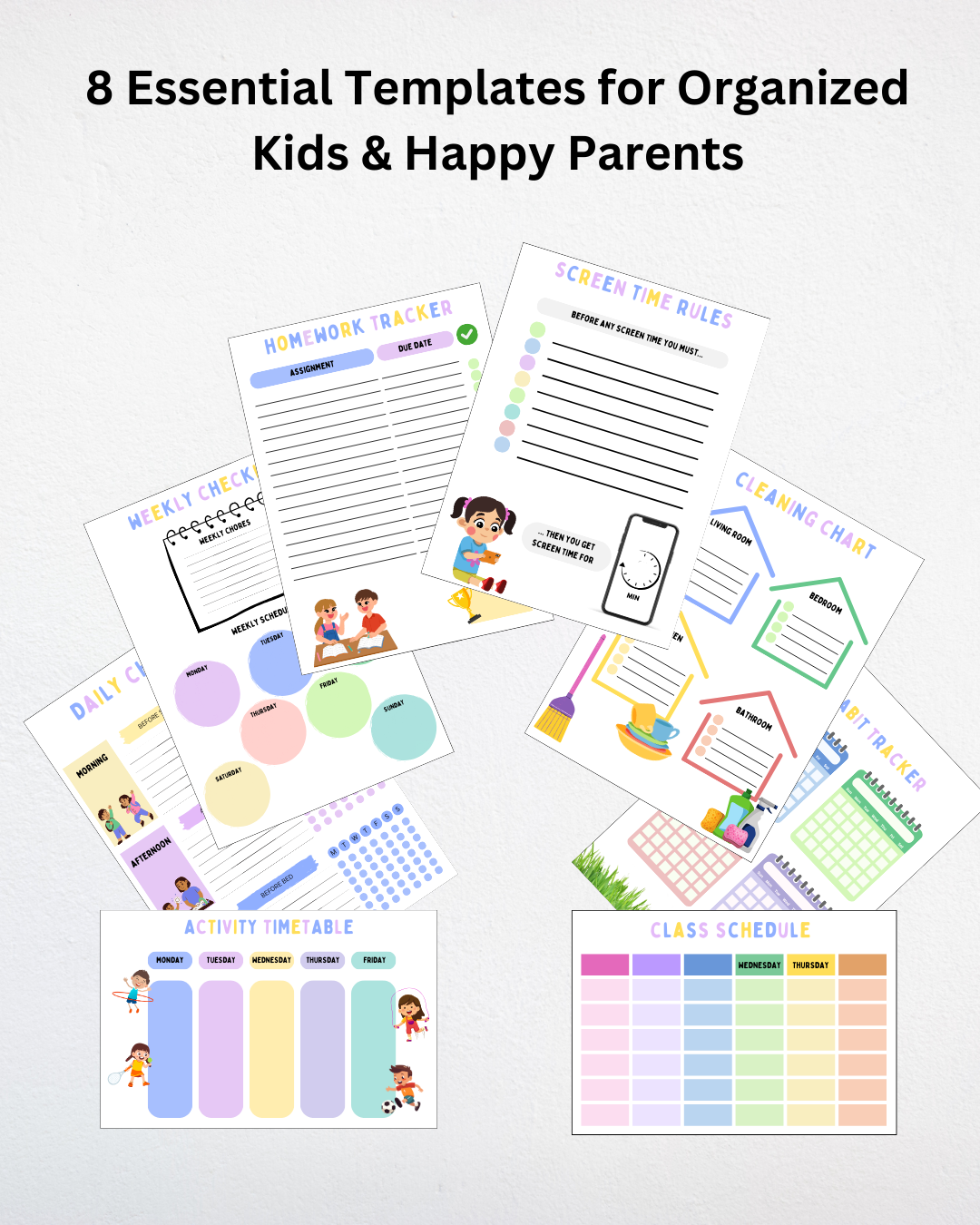 Eight essential printable planning tools for families including chore charts, meal planners, and homework organizers